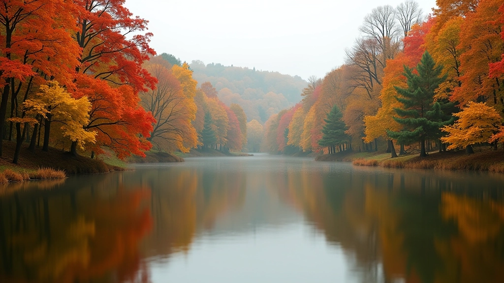 Autumn trees reflected in still pond water with golden foliage, peaceful fall landscape