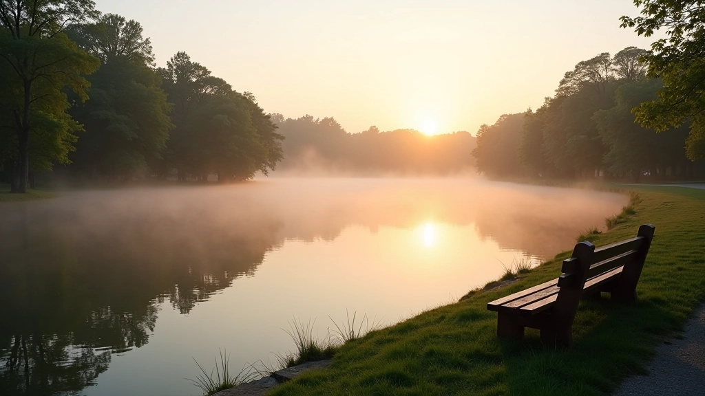 Peaceful spa park pond at dawn with mist over water and benches by shoreline for resting