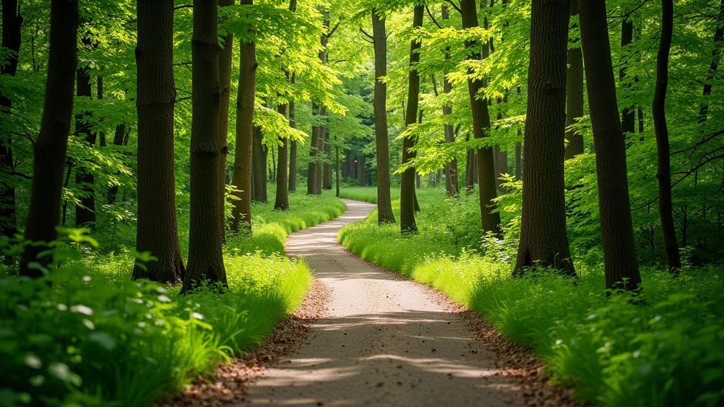 Scenic nature trail winding through forest with clear path marking and peaceful woodland environment
