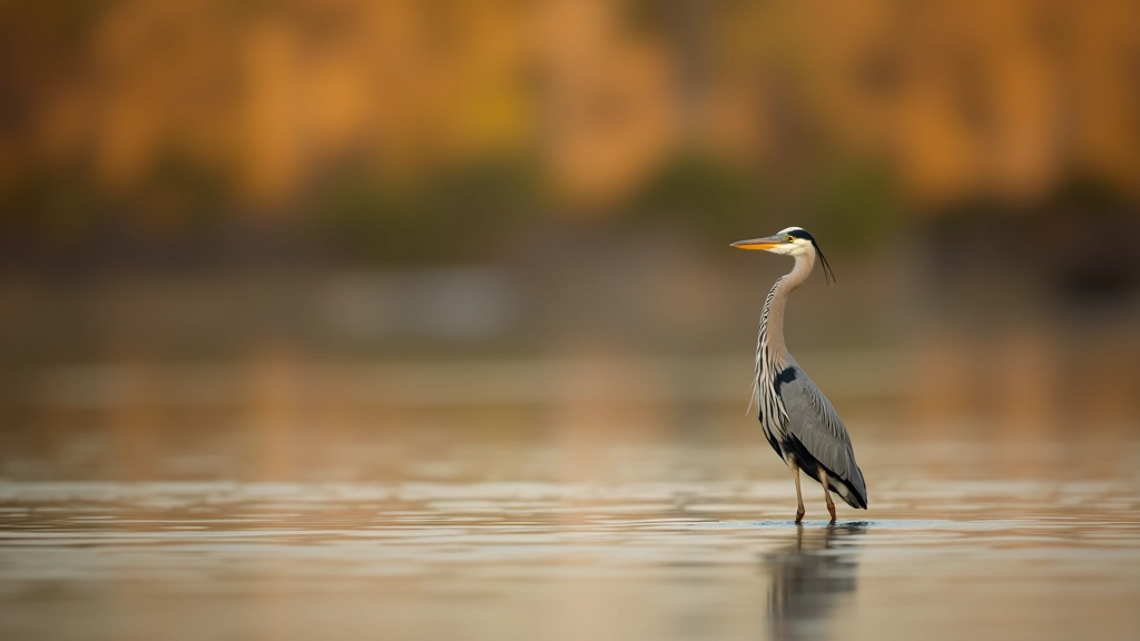 Great blue heron standing in shallow pond water, sharp detail of feathers and reflection