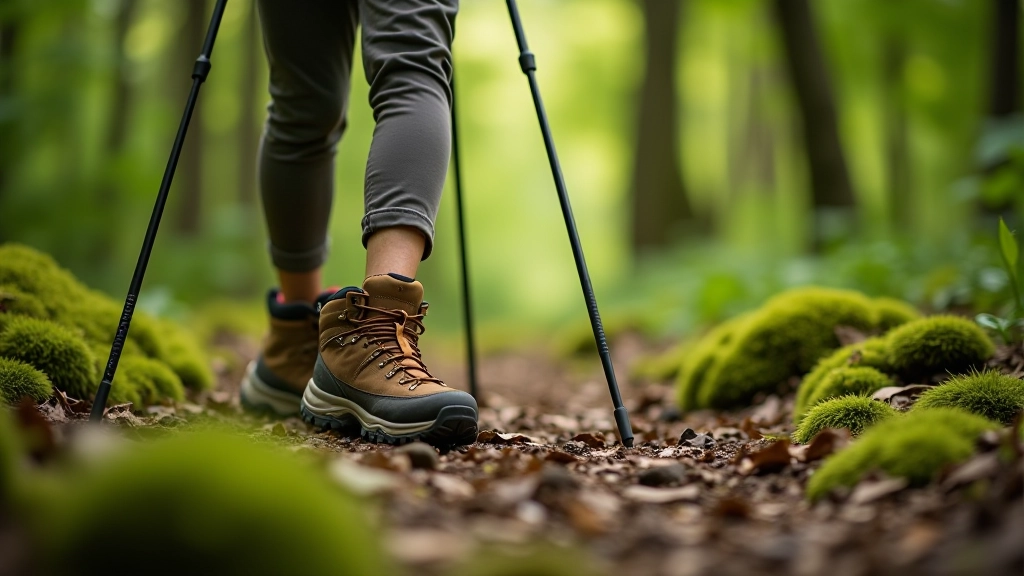 Close-up view of walking shoes and walking poles on forest path with moss and natural ground