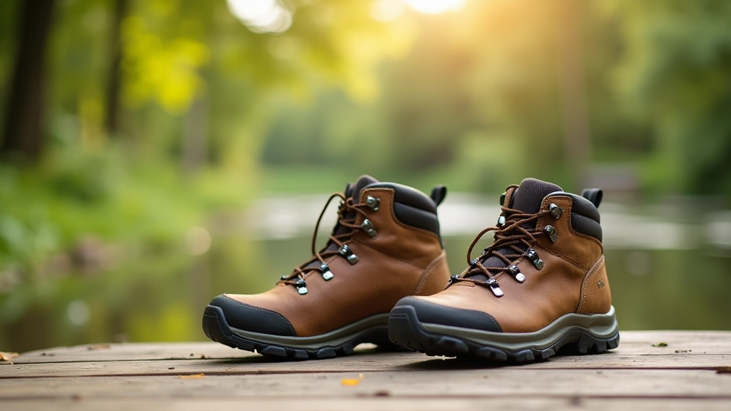 Pair of well-fitted walking shoes and hiking boots displayed on wooden surface with outdoor background