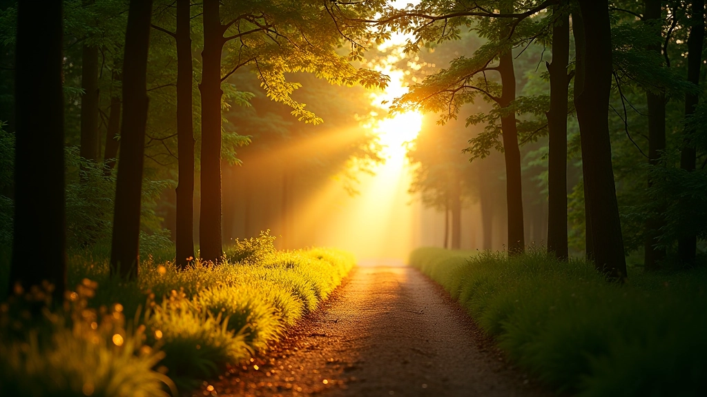 Morning light filtering through trees on a nature path creating peaceful atmosphere