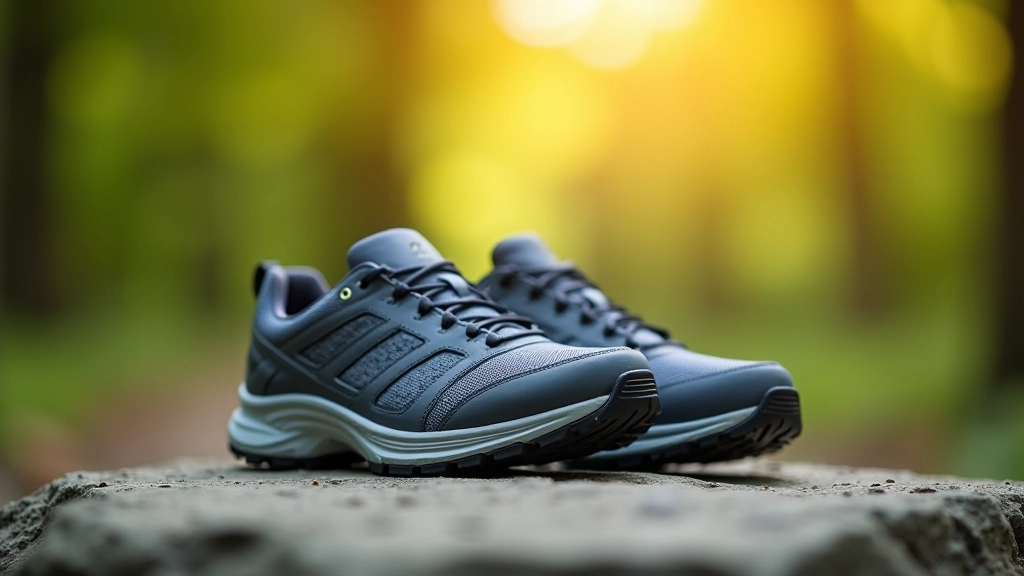 Pair of quality walking shoes with visible arch support displayed on natural stone surface with forest background