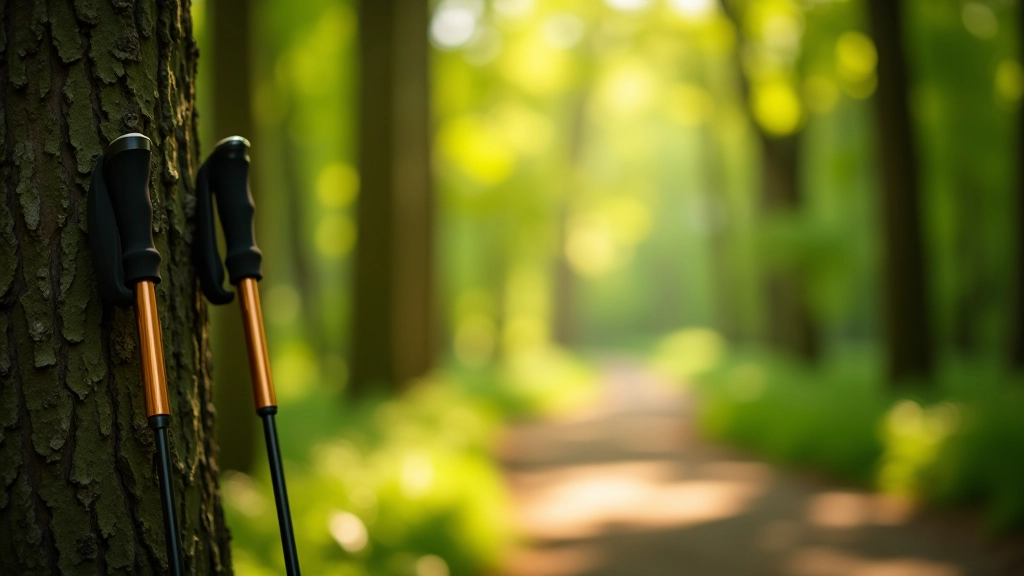 Walking poles leaning against a tree trunk on a forest path with dappled sunlight filtering through leaves