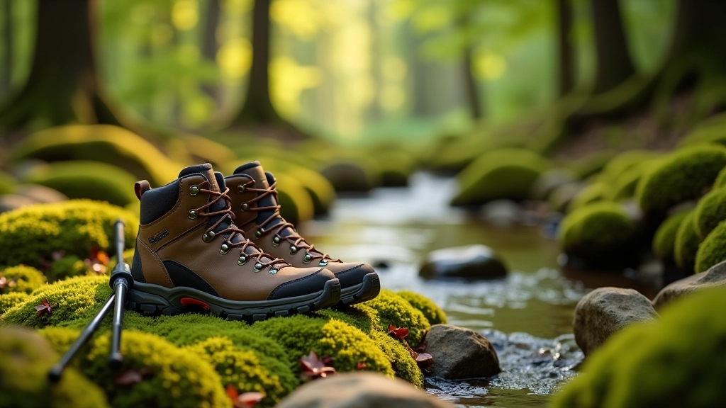 Comfortable hiking boots and walking poles resting on moss-covered ground near forest stream, close-up detail, natural lighting