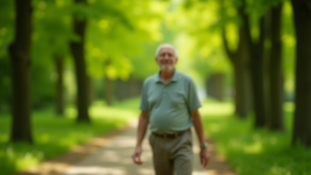 Older adult walking peacefully through tree-lined path in green park with sunlight filtering through leaves