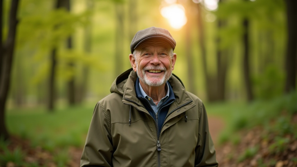 Older adult wearing layered outdoor clothing standing on a woodland path, smiling with confidence and comfort