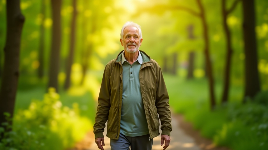 Senior adult enjoying peaceful nature walk through green forest with natural light