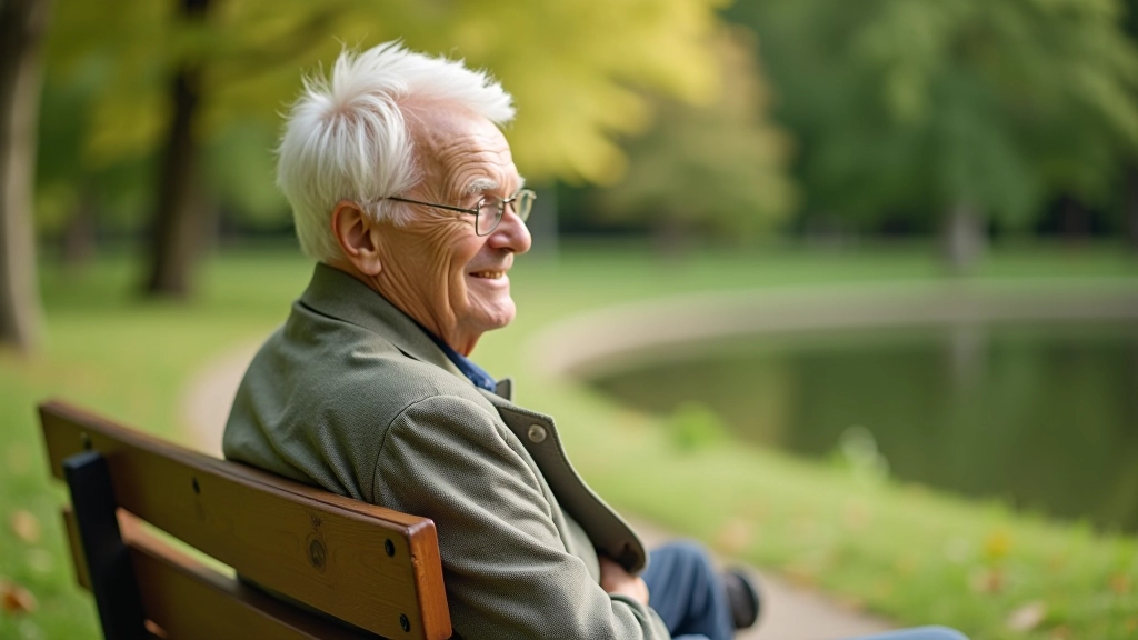 Senior adult sitting on park bench overlooking spa grounds with healthy posture and peaceful demeanor
