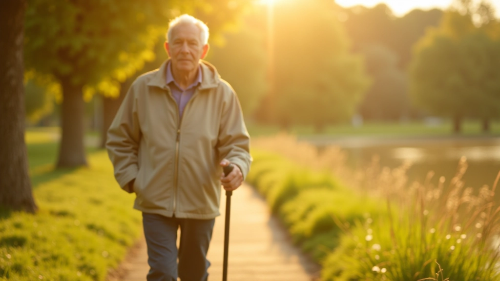 Senior adult aged 70 fully clothed in casual walking outfit with jacket, walking on sunny path with ponds visible in background