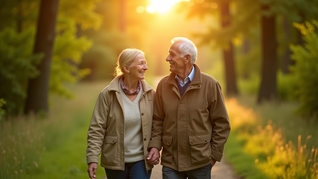 Senior couple walking together on a peaceful nature trail surrounded by green trees and filtered sunlight