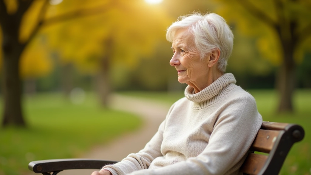Senior woman sitting on wooden bench in park with trees and pathways visible in background, peaceful expression, morning light