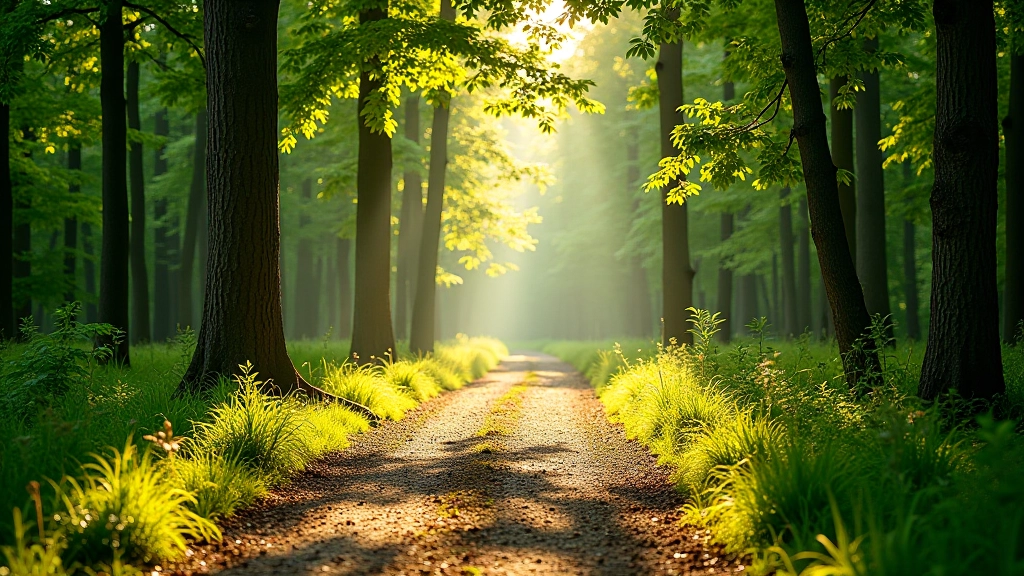 Forest walking path with natural light and woodland setting