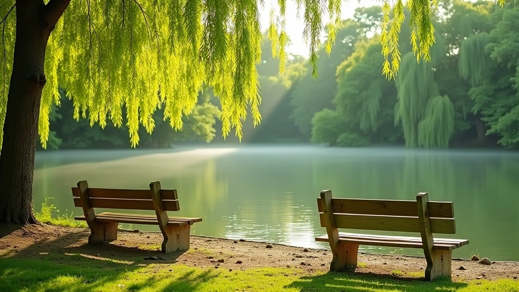 Wooden benches overlooking calm pond water with weeping willows, peaceful resting spot