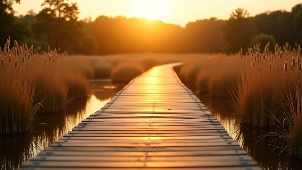 Wooden walking path over water with reeds and cattails on both sides, golden hour lighting